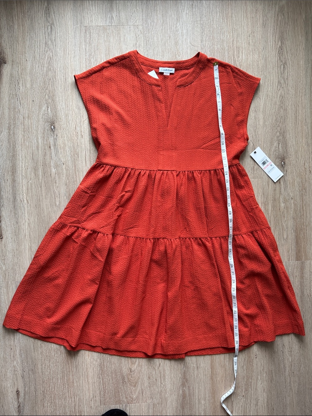 Calvin Klein Textured Tiered Dress in Rust Orange
